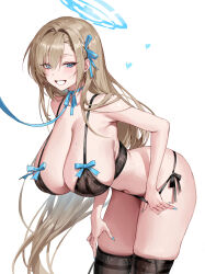 1girl :d absurdres anngu_nn armpit_crease asuna_(blue_archive) bare_arms bare_shoulders black_bra black_panties black_thighhighs blue_archive blue_bow blue_choker blue_eyes blue_halo blue_nails blue_ribbon blush bow bow_bra bra breasts brown_hair choker cleavage collarbone commentary cowboy_shot fingernails grin hair_behind_ear hair_between_eyes hair_ribbon halo hand_on_own_thigh heart highres huge_breasts leaning_forward leash long_hair looking_at_viewer mole mole_on_breast nail_polish navel open_mouth panties panty_pull pulling_own_clothes ribbon ribbon_choker side-tie_panties simple_background smile solo standing string_panties thighhighs underwear underwear_only very_long_hair white_background