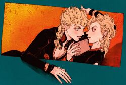 2boys absurdres aqua_eyes black_jacket black_shirt blonde_hair blush book braid cleavage_cutout clothing_cutout earrings eye_contact food-themed_earrings food_themed_earrings giorno_giovanna highres holding holding_book jacket jewelry jojo_no_kimyou_na_bouken ladybug_ornament long_hair looking_at_another male_focus medium_hair multiple_boys okokoro_zaiku pannacotta_fugo parted_lips red_eyes shirt sleeves_past_wrists strawberry_earrings vento_aureo victory_rolls