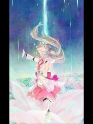 1girl bare_shoulders blue_eyes boots brown_hair ciel_nosurge floating_hair front_slit highres ionasal_kkll_preciel long_hair looking_up navel outstretched_arms pink_skirt skirt solo standing surge_concerto teeth thigh_boots very_long_hair yumemitsuki