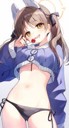 1girl animal_ears bikini black_bikini blue_archive blue_hoodie blush breasts brown_hair candy cropped_hoodie drooling fake_animal_ears food halo head_tilt holding holding_candy holding_food hood hoodie large_breasts lollipop long_sleeves looking_at_viewer moe_(blue_archive) moe_(swimsuit)_(blue_archive) navel official_alternate_costume rabbit_ears saliva side-tie_bikini_bottom simple_background smile solo suimya swimsuit twintails underboob white_background yellow_eyes