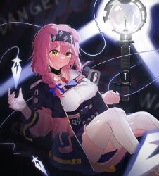 Rule 34 | 1girl, animal ears, arknights, black jacket, bow, braid, breasts, closed mouth, commentary request, feet out of frame, goldenglow (arknights), hair between eyes, hair bow, heii!, highres, holding, jacket, korean commentary, lightning bolt print, lightning bolt symbol, long sleeves, looking at viewer, medium breasts, medium hair, object in pocket, pink hair, pink jacket, pink tail, pocket, purple bow, scissors, single braid, solo, tail, thighhighs, white thighhighs, yellow eyes