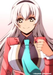 Rule 34 | 1girl, akane kazami, ao no kiseki, blue necktie, breasts, double-parted bangs, eiyuu densetsu, elie macdowell, gradient background, hairband, highres, large breasts, long hair, looking at viewer, necktie, pixiv username, portrait, sideburns, simple background, smile, solo, twitter username, upper body, white background, white hair, yellow eyes, zero no kiseki