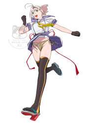 1girl absurdres antenna_hair black_gloves black_thighhighs breasts dress full_body gloves gold_panties green_eyes grey_hair highres kantai_collection kinugasa_(kancolle) kinugasa_kai_ni_(kancolle) medium_breasts neckerchief ojipon one_side_up panties pleated_dress purple_sailor_collar purple_skirt running sailor_collar sailor_shirt sandals shirt short_sleeves side-tie_panties simple_background skirt smile solo thighhighs underwear watermark white_background white_shirt wind wind_lift yellow_neckerchief