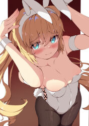 Rule 34 | 1girl, animal ears, arms up, artoria caster (fate), artoria pendragon (fate), bare arms, bare shoulders, black pantyhose, blonde hair, blush, breasts, brown background, collarbone, covered navel, dress, fake animal ears, fake tail, fate/grand order, fate (series), full body, green eyes, hair between eyes, highleg, highres, leotard, long hair, looking at viewer, medium breasts, off shoulder, pantyhose, peisuto, playboy bunny, rabbit ears, rabbit tail, side-tie leotard, simple background, smile, solo, standing, strapless, strapless leotard, tail, twintails, white wrist cuffs, wrist cuffs