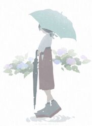 Rule 34 | 1girl, blue flower, closed umbrella, flower, hair ribbon, hakama, haruta (hrtco), highres, holding, holding umbrella, hydrangea, japanese clothes, kantai collection, kasuga maru (kancolle), kimono, leaf, ponytail, purple flower, red hakama, ribbon, ripples, solo, standing, taiyou (kancolle), umbrella, water drop, white kimono, white ribbon