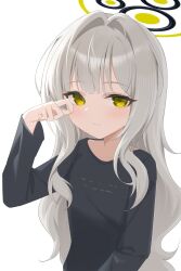 1girl absurdres black_pajamas blue_archive closed_mouth finger_to_eye green_eyes green_halo grey_hair hair_intakes halo hare_(blue_archive) hare_(pajamas)_(blue_archive) highres jei_(user_tckk7448) long_hair long_sleeves looking_at_viewer official_alternate_costume official_alternate_hairstyle pajamas sidelocks simple_background solo very_long_hair white_background