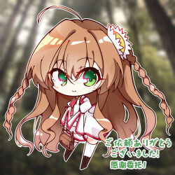 Rule 34 | 1girl, ahoge, bag, blurry, blurry background, blush stickers, boots, braid, brown boots, brown hair, chibi, chibi only, closed mouth, commission, eyes visible through hair, flower, full body, green eyes, hair between eyes, hair flower, hair ornament, hashtag-only commentary, highres, holding, holding bag, huge ahoge, juliet sleeves, kanbe kotori, kazamatsuri institute high school uniform, lace-up boots, long hair, long sleeves, looking at viewer, mikuyaa39, outline, photo background, puffy sleeves, rewrite, school bag, school uniform, smile, solo, split mouth, standing, tareme, thighhighs, translation request, twin braids, v arms, very long hair, wavy hair, white flower, white outline, white thighhighs, wide sleeves, zettai ryouiki