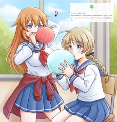 Rule 34 | 2girls, alternate costume, arm behind head, blue eyes, blue skirt, braid, breasts, brown hair, chair, charlotte e. yeager, classroom, day, globe, highres, holding, indoors, koyomeru, large breasts, long hair, lynette bishop, multiple girls, musical note, orange hair, red blood cell (hataraku saibou), sailor collar, sitting, skirt, strike witches, sweater, window, world witches series