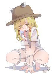 1girl absurdres arms_between_legs blonde_hair brown_hat commentary_request gumingdi_ban hat highres long_hair long_tongue looking_at_viewer moriya_suwako raised_inner_eyebrows red_ribbon ribbon shadow shirt sidelocks simple_background sitting snake solo tongue touhou white_background white_shirt yellow_eyes