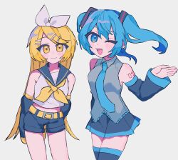 2girls arm_behind_back arm_tattoo arm_up arms_behind_back belt black_sailor_collar black_shorts black_skirt black_thighhighs blue_eyes blue_hair blue_necktie bow closed_mouth commentary cowboy_shot detached_sleeves grey_shirt hair_between_eyes hair_bow hair_ornament hairclip hatsune_miku highres kagamine_rin long_hair looking_at_viewer multiple_girls neckerchief necktie one_eye_closed open_mouth rtm1016 sailor_collar shirt shorts simple_background skirt smile tattoo thighhighs twintails very_long_hair vocaloid white_background white_bow yellow_belt yellow_eyes yellow_neckerchief