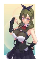 1girl absurdres aqua_background assault_lily bare_shoulders belt black_belt black_bow black_gloves black_shirt black_skirt blush border bow breasts buckle charm_(object) chest_belt closed_mouth commentary_request cowboy_shot elbow_gloves frilled_skirt frills gloves gradient_background green_hair hair_between_eyes hair_bow hair_over_shoulder hand_on_own_hip hand_up highres holding holding_charm jewelry large_breasts long_hair looking_at_object low_twintails miniskirt open_belt otter outside_border pleated_skirt purple_eyes ring school_uniform shirt skirt sleeveless sleeveless_shirt smile snap-fit_buckle solo thighhighs twintails two-tone_shirt ueharu underbust white_border white_shirt yamanashi_hibari yellow_background yurigaoka_girls_academy_school_uniform