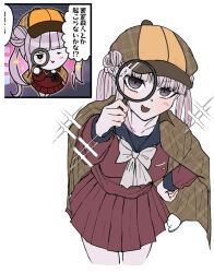 1girl blush chibi collarbone deerstalker female_focus hand_on_own_hip hat holding holding_magnifying_glass japanese_text long_sleeves looking_at_viewer magnifying_glass matching_hair/eyes open_mouth pink_eyes pink_hair pleated_skirt red_shirt red_skirt shirt simple_background skirt solo solo_focus the_hundred_line_-last_defense_academy- translation_request tsukumo_kako twintails