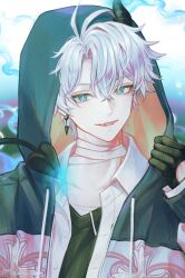 1boy alternate_costume antenna_hair bandaged_neck bandages black_shirt blue_eyes blue_hoodie collared_shirt demon demon_tail fangs h_ae_rang hashtag-only_commentary highres honkai_(series) honkai_impact_3rd hood hood_up hoodie looking_at_viewer male_focus open_clothes open_hoodie parted_bangs phainon_(honkai:_star_rail) shirt short_hair solo tail upper_body white_hair white_shirt