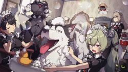 1boy 3girls alexandrina_sebastiane anastella_(zenless_zone_zero) apron bangboo_(zenless_zone_zero) bathtub black_dress black_hair black_nails butler_(zenless_zone_zero) candy closed_eyes commentary_request corin_wickes dog dress drusilla_(zenless_zone_zero) earclip ellen_joe food frilled_wrist_cuffs frills furry furry_male green_hair grey_hair hair_between_eyes head_rest highres holding holding_brush howl_(zenless_zone_zero) indoors lollipop maid maid_headdress mirror multiple_girls one_eye_closed puffy_short_sleeves puffy_sleeves purple_eyes red_eyes red_nails revision rubber_duck ryuudog screw_hair_ornament short_sleeves sitting soap_bubbles standing vest von_lycaon washing_animal wrist_cuffs zenless_zone_zero