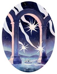 Rule 34 | 2others, afloat, arch, architecture, artist name, boat, border, column, commentary, english commentary, highres, mountainous horizon, multiple others, night, night sky, outdoors, oval image, owlyjules, painting (medium), pillar, shooting star, sky, star (sky), traditional media, twitter username, water, watercolor (medium), watercraft, white border