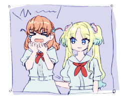 &gt;_&lt; 2girls blonde_hair blue_eyes blue_hair border commentary crossed_bangs dress gradient_hair grey_background hair_ornament hand_on_another&#039;s_back hasu_no_sora_school_uniform hinoshita_kaho link!_like!_love_live! long_hair looking_at_another love_live! medium_hair multicolored_hair multiple_girls muma_(meganeltuko) neckerchief open_mouth orange_hair osawa_rurino parted_bangs patting_back puffy_short_sleeves puffy_sleeves rabbit_hair_ornament red_neckerchief sailor_collar sailor_dress scared school_uniform short_sleeves simple_background summer_uniform tearing_up tears twintails two-tone_hair two_side_up virtual_youtuber wavy_mouth white_border white_dress white_sailor_collar