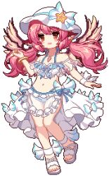 1girl alternate_costume alternate_hairstyle animal_ears ankle_bow ankle_ribbon apron aqua_bow bangle bikini bird_ears bird_wings blue_bikini blue_ribbon bow bracelet brown_eyes frilled_bikini frills full_body game_cg hat hat_bow jewelry kumio leg_ribbon lowres multicolored_bow mystia_lorelei navel pink_hair purple_wings ribbon sandals sarong see-through_apron see-through_bikini see-through_clothes solo starfish_hat_ornament swimsuit tachi-e third-party_source touhou touhou_mystia&#039;s_izakaya twintails white_bikini white_bow white_hat white_sandals white_sarong wings wrist_ribbon