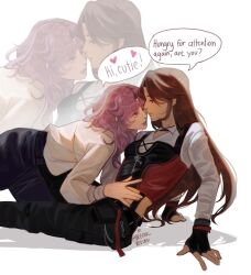 2girls absurdres beechu_beechu black_gloves black_pants black_tank_top blue_pants brown_hair collared_shirt commentary english_commentary english_text fingerless_gloves genderswap genderswap_(mtf) gloves hand_on_another&#039;s_stomach highres layered_clothes long_hair long_sleeves looking_at_another love_and_deepspace multiple_girls pants protagonist_(love_and_deepspace) purple_hair rafayel_(love_and_deepspace) shirt tank_top white_shirt yuri zoom_layer