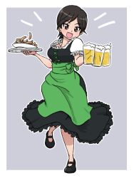 1girl alcohol apron beer beer_mug black_dress black_hair black_shoes blush breasts brown_eyes carrying cup dirndl dress food frilled_dress frilled_shirt frilled_sleeves frills german_clothes girls_und_panzer girls_und_panzer_saishuushou green_apron grey_background holding holding_cup holding_tray iruma_anna large_breasts mug official_alternate_costume oktoberfest plate puffy_short_sleeves puffy_sleeves sausage shirt shoes short_hair short_sleeves simple_background smile takahashi_kurage tray very_short_hair white_shirt