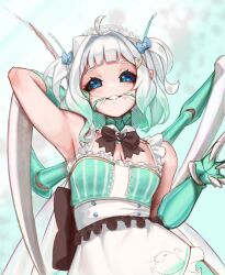 absurdres apron aqua_dress arm_up armpits arthropod_girl black_sclera breasts cleavage colored_sclera dress green_hair hair_ornament highres indie_virtual_youtuber looking_at_viewer maid_apron maid_headdress mantis_girl mint_fantome mint_fantome_(minto_2.0) monster_girl multicolored_hair pointy_ears short_hair sioell sleeveless sleeveless_dress small_breasts smile solo streaked_hair two_side_up virtual_youtuber white_apron white_hair white_headdress x_hair_ornament