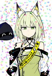 1girl animal_ear_fluff animal_ears arknights bare_shoulders bright_pupils chibi chibi_inset closed_mouth commentary_request confetti doctor_(arknights) frown green_eyes green_hair halterneck highres kal&#039;tsit_(arknights) looking_at_viewer makigirisu material_growth off_shoulder oripathy_lesion_(arknights) sash short_hair shoulder_sash solo star_of_life staring stethoscope stethoscope_around_neck translation_request upper_body white_pupils