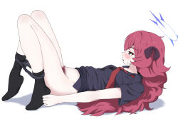 1girl black_eyes black_panties black_shirt black_socks blue_archive blush collared_shirt female_pubic_hair from_side full_body halo highres iroha_(blue_archive) knees_up long_hair lying necktie no_shoes on_back panties panties_around_ankles panty_pull pubic_hair purple_halo red_hair red_necktie shirt short_sleeves simple_background socks solo unamaso underwear white_background