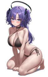 Rule 34 | 1girl, absurdres, alternate costume, barefoot, between legs, bikini, black bikini, black choker, black halo, blue archive, blue eyes, blue halo, blush, breasts, choker, cleavage, closed mouth, collarbone, commentary request, full body, hair intakes, hair ornament, halo, halterneck, hand between legs, highres, kneeling, large breasts, long hair, looking at viewer, mechanical halo, navel, o-ring, o-ring bikini, o-ring top, parted bangs, revision, rianya07, side-tie bikini bottom, simple background, solo, swimsuit, thighs, toes, triangle hair ornament, two side up, white background, yuuka (blue archive)