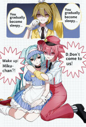 3girls absurdres akita_neru apron aqua_hair black_choker black_eyes black_footwear black_necktie black_socks blonde_hair blue_background blue_dress blue_hat blue_shirt breasts bright_pupils buttons choker collared_shirt commentary double-breasted dress dress_shirt drill_hair empty_eyes english_text engrish_text evil_smile expressionless eyelashes frilled_apron frills gloves gradient_background grid_background hair_between_eyes hair_intakes hair_ribbon hat hatsune_miku highres holding holding_pendulum hug hypnosis kasane_teto kneeling long_bangs long_hair mesmerizer_(vocaloid) mind_control multiple_girls name_tag necktie nervous nervous_sweating open_mouth pants parted_lips pendulum pinstripe_dress pinstripe_hat pinstripe_pattern puffy_short_sleeves puffy_sleeves ranguage red_eyes red_footwear red_hair red_hat red_pants red_suspenders ribbon roller_skates scared shaded_face shirohanamame_(shiroha_nmm) shirt short_sleeves side_ponytail sitting skates sleeves_rolled_up small_breasts smile smiley_hair_ornament socks striped_clothes striped_dress striped_headwear striped_shirt striped_socks suspenders sweat teeth triple_baka_(vocaloid) twin_drills twintails two-tone_dress two-tone_hat two-tone_socks unconscious upper_teeth_only utau vertical-striped_clothes vertical-striped_dress vertical-striped_headwear vertical-striped_shirt vertical-striped_socks very_long_hair vest visor_cap vocaloid waist_apron white_apron white_background white_dress white_hat white_pupils white_ribbon white_shirt white_socks yellow_eyes yellow_gloves yellow_vest yokozuwari