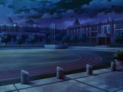 artist_request bush city cloud dark game_cg house magia_record:_mahou_shoujo_madoka_magica_gaiden mahou_shoujo_madoka_magica night night_sky no_humans official_art outdoors school sky stairs sunlight track_and_field tree