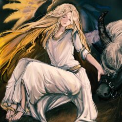 Rule 34 | 1boy, absurdres, barefoot, blonde hair, braid, closed eyes, closed mouth, commentary, dress, elden ring, elden ring: shadow of the erdtree, feet, highres, horns, horse, kaiser (kaiserofart), long hair, male focus, miquella (elden ring), on grass, single braid, sitting, toes, torrent (elden ring), trap, very long hair, white dress