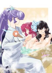 3girls absurdres angry artist_name bath bathing bathtub benten_(urusei_yatsura) black_eyes black_hair blue_eyes breasts cleavage cold commentary_request fang grey_hair hair_between_eyes highres ice ice_cream_cone insect_wings japanese_clothes kimono long_hair long_sidelocks looking_at_another looking_back looking_to_the_side medium_breasts multiple_girls nude oyuki_(urusei_yatsura) partially_submerged pink_eyes pink_hair ponytail ran_(urusei_yatsura) scene_reference sherbert_(urusei_yatsura) sidelocks signature sitting steam urusei_yatsura water white_kimono wings yoshinaga_masahiro