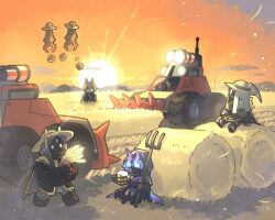 5boys animal_ears arknights beer_mug black_gloves black_jacket black_mask black_shirt blonde_hair closed_eyes combine_harvester commentary_request cup gloves grey_pants hat hay_bale highres holding_wheat horns horns_through_headwear jacket long_sleeves male_focus mask mlynar_(arknights) morini_ochiteru mountainous_horizon mug multiple_boys necktie on_ground outdoors pants pitchfork red_mask scythe sheaf shirt sitting straw_hat sunset utility_pole wheat_field