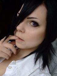 1girl black_hair bleach cosplay cosplay_photo female_focus highres kuchiki_rukia kuchiki_rukia_(cosplay) photo_(medium) purple_eyes shirt solo white_shirt