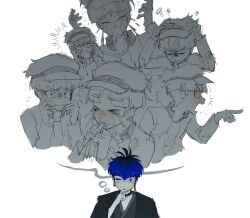 2boys black_hair black_kimono blue_hair blush closed_eyes closed_mouth commentary english_commentary eyepatch gradient_hair hat highres imagining japanese_clothes kimono maruko_gaku medical_eyepatch multicolored_hair multiple_boys newsboy_cap omokage_yugamu one_eye_covered open_mouth printerrrpng simple_background smile speech_bubble tears the_hundred_line_-last_defense_academy- thought_bubble two-tone_hair white_background
