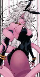1girl android_21 animal_costume animal_ears ass blue_eyes bracelet breasts colored_skin detached_sleeves dragon_ball dragon_ball_fighterz earrings fake_animal_ears hair_ornament huge_ass jewelry kinakomochi_(user_vedc2333) large_breasts leotard long_hair looking_at_viewer majin_android_21 neck_ring pink_skin playboy_bunny rabbit_costume rabbit_ears rabbit_hair_ornament ring smile solo tail white_hair
