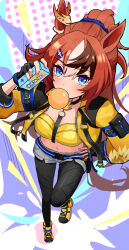 1girl abs animal_ears arm_belt bandeau belt black_gloves black_shoes black_thighhighs blowing_bubbles blue_eyes breasts brown_hair bubble_gum_fellow_(umamusume) chest_belt chewing_gum choker cropped_jacket ear_ornament fingerless_gloves from_above full_body gloves hair_between_eyes hair_ornament hairpin highres horse_ears horse_girl horse_tail jacket long_hair long_sleeves looking_at_viewer medium_breasts midriff multicolored_hair navel o-ring open_hand open_mouth parted_lips shoes shorts sleeve_pouch solo standing tail tainy_y thighhighs umamusume white_hair white_shorts yellow_bandeau yellow_jacket yellow_shoes