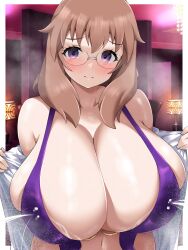 1girl bikini blush breast_milk breasts brown_hair ceiling cleavage closed_mouth collarbone commentary_request commission dakara_boku_wa_h_ga_dekinai dress_shirt glasses hair_between_eyes highres huge_breasts indoors ishihara_kaori lactation lactation_through_clothes lamp long_hair looking_at_viewer navel norio_(pheromosa_times) pixiv_commission projectile_lactation purple_bikini purple_eyes shirt skindentation solo swimsuit upper_body white_shirt