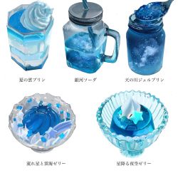 blue_theme commentary_request cup food food_focus food_request gelatin highres jam jar no_humans original simple_background sky_print spoon star_(symbol) still_life translation_request white_background yasuta_kaii32i