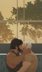 Rule 34 | 2boys, amo (youtian), asgar (youtian), bara, beard, beard stubble, closed eyes, couple, dark-skinned male, dark skin, facial hair, from side, full beard, highres, ji peng gou you, kiss, male focus, mature male, multiple boys, muscular, muscular male, pectorals, profile, shirt, short hair, sleeveless, sleeveless shirt, stubble, sunset, thick eyebrows, upper body, window, yaoi, youtian (youtiange)