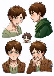 aida_aot blood blush brown_hair brown_jacket child clenched_teeth cowlick cropped_torso eren_yeager frown furrowed_brow green_eyes green_shirt grey_shirt highres jacket male_focus multiple_views nosebleed open_mouth shingeki_no_kyojin shirt short_hair sweatdrop tears teeth upper_body white_background