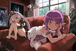 2girls armband barefoot beek black_footwear boots couch demon_girl earrings elf feet green_eyes head_rest highres hugging_own_legs jewelry knee_boots lace-up_boots long_hair mabinogi morrighan multiple_girls nao_(mabinogi) original painting_(object) player_character_(mabinogi) pointy_ears purple_hair red_eyes shoes short_hair silver_hair soles thighhighs toe_scrunch toenails toes unworn_boots unworn_shoes white_thighhighs
