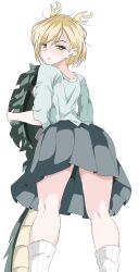 1girl absurdres black_skirt blonde_hair commentary_request dragon_tail feet_out_of_frame highres kakineko kicchou_yachie looking_at_viewer looking_back pleated_skirt red_eyes short_hair simple_background skirt solo tail touhou turtle_shell white_background