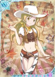 Rule 34 | 1girl, animal print, artist request, bare arms, belt, belt buckle, blonde hair, blouse, brown background, brown belt, brown shorts, brown vest, buckle, buttons, card (medium), closed mouth, clothing cutout, cow print, cowboy hat, cowboy shot, cowgirl (western), cropped shirt, dot nose, emphasis lines, fringe trim, fur-trimmed shorts, fur trim, game cg, happy, hat, hat belt, heart button, holding lasso, lasso, light blush, long hair, looking at viewer, mahou shoujo madoka magica, mahou shoujo madoka magica plus, midriff, navel, official alternate costume, official art, open clothes, open vest, pants, picture frame, plaid clothes, plaid scarf, puffy short sleeves, puffy sleeves, scarf, shirt, short shorts, short sleeves, shorts, sidelocks, smile, solo, star (symbol), star symbol background, thigh cutout, third-party source, tomoe mami, vest, wanted poster, wavy hair, white hat, white pants, white shirt, yellow eyes, yellow scarf
