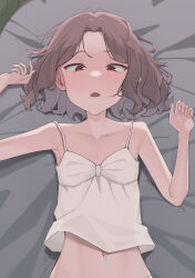 absurdres bed bed_sheet dress ebizuka_tomo girls_band_cry grey_hair highres korean_doggy lying messy_hair on_back on_bed red_eyes short_hair surprised white_dress