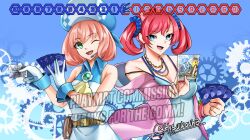 2girls bare_shoulders belt blue_background blue_camisole blue_eyes breasts camisole card cleavage commission digimon digimon_card_game digimon_linkz digimon_story:_cyber_sleuth dress gears green_eyes hat highres hisuikouha holding holding_card in-franchise_crossover jacket kurihara_hina long_hair medium_hair metallicdramon multiple_girls off_shoulder official_art_inset omegamon open_clothes open_jacket pink_hair pink_jacket red_hair shiramine_nokia simple_background trading_card twintails upper_body white_dress white_hat