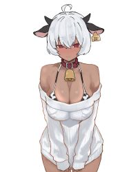 1girl absurdres ahoge animal_ears animal_print aran_sweater bare_shoulders bell belt_collar bikini bikini_under_clothes blush breasts cable_knit cleavage closed_mouth collar commentary_request cow_ears cow_horns cow_print cow_print_bikini cowbell cowboy_shot crossed_bangs dark-skinned_female dark_skin ear_tag grey_hair hair_between_eyes halterneck highres horns large_breasts looking_at_viewer neck_bell nose_blush off-shoulder_sweater off_shoulder original peace_peace009 pink_collar pink_eyes print_bikini ribbed_sweater short_hair simple_background solo standing sweater swimsuit thick_eyebrows v_arms wavy_mouth white_background white_sweater