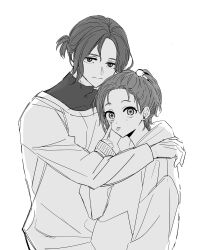 1boy 1girl :p ;p amate_yuzuriha commentary_request couple gundam gundam_gquuuuuux hair_ornament hetero highres hood hooded_jacket hug jacket kyotabeyo long_sleeves looking_at_viewer monochrome one_eye_closed open_mouth ponytail shirt short_hair short_ponytail shuji_ito smile tongue tongue_out upper_body