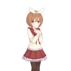 1girl black_pantyhose bob_cut brown_hair child closed_mouth collarbone cowboy_shot dress frilled_dress frills hair_between_eyes hair_ribbon hairband hands_on_own_chest kurumi_(princess_connect!) kurumi_(real)_(princess_connect!) lace_trim long_sleeves looking_at_viewer official_art pantyhose princess_connect! raised_inner_eyebrows red_ribbon ribbon short_hair skirt solo standing tachi-e transparent_background white_ribbon yellow_eyes