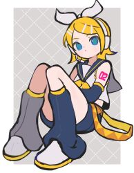 Rule 34 | 1girl, blonde hair, blue eyes, detached sleeves, full body, grid background, kagamine rin, knees up, leg warmers, looking at viewer, s1ho (ukiy0u0), sailor collar, shirt, shorts, sitting, sleeveless, sleeveless shirt, solo, vocaloid, white shirt