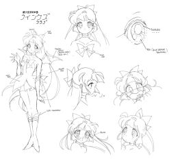 1990s_(style) 1girl adapted_costume animification arrow_(symbol) back_bow bad_id bad_twitter_id bare_shoulders bishoujo_senshi_sailor_moon bloom_(winx_club) blush boots bow bowtie center_opening choker closed_mouth collarbone commentary curious dragon_wings dress elbow_gloves english_commentary english_text eyelashes fairy faux_retro_artstyle finger_to_mouth from_behind from_side gloves hair_bow hand_up happy heart heart_choker high_heel_boots high_heels honeymoonpetal knee_boots lineart long_hair magical_girl mini_tiara miniskirt multiple_views parody pleated_skirt pointy_nose retro_artstyle short_dress simple_background sketch skirt skirt_under_dress smile standing straight-on strapless strapless_dress style_parody tareme tiara very_long_hair white_background wings winx_club